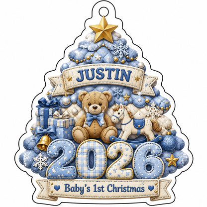 Acrylic tree ornament with teddy bear, rocking horse, Baby's 1st Christmas and quilted year in blue and gold.