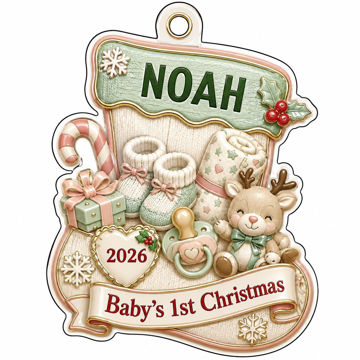 Stocking-shaped acrylic ornament with baby booties, reindeer toy and Baby's 1st Christmas on a cream banner.