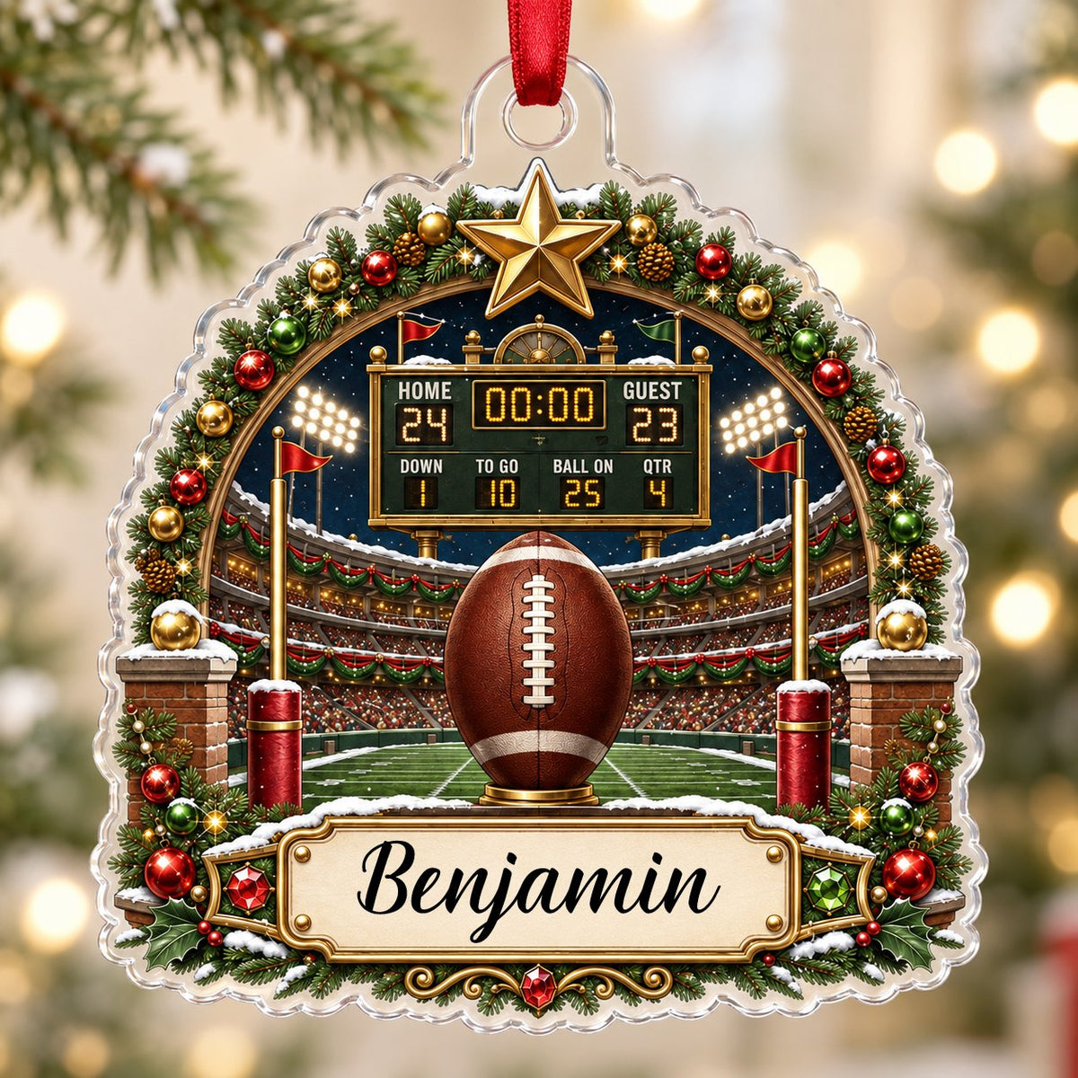Acrylic ornament with football on a tee, stadium scoreboard, and pine garland border with a name banner.
