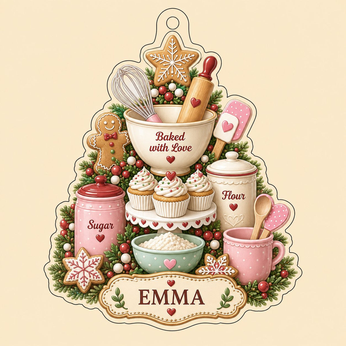 Baking-themed tree acrylic ornament with gingerbread star, cupcakes, utensils, and a name banner.