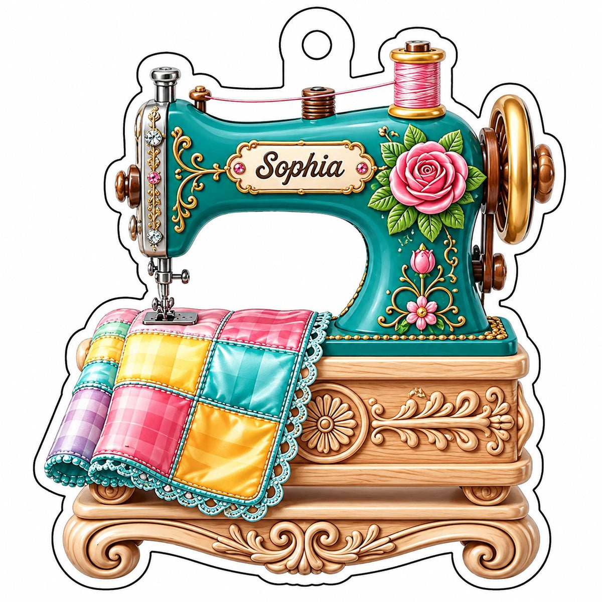 Custom-cut acrylic ornament of a teal vintage sewing machine with a rose and quilt block, personalized with a name.