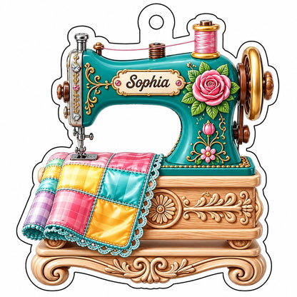 Custom-cut acrylic ornament of a teal vintage sewing machine with a rose and quilt block, personalized with a name.