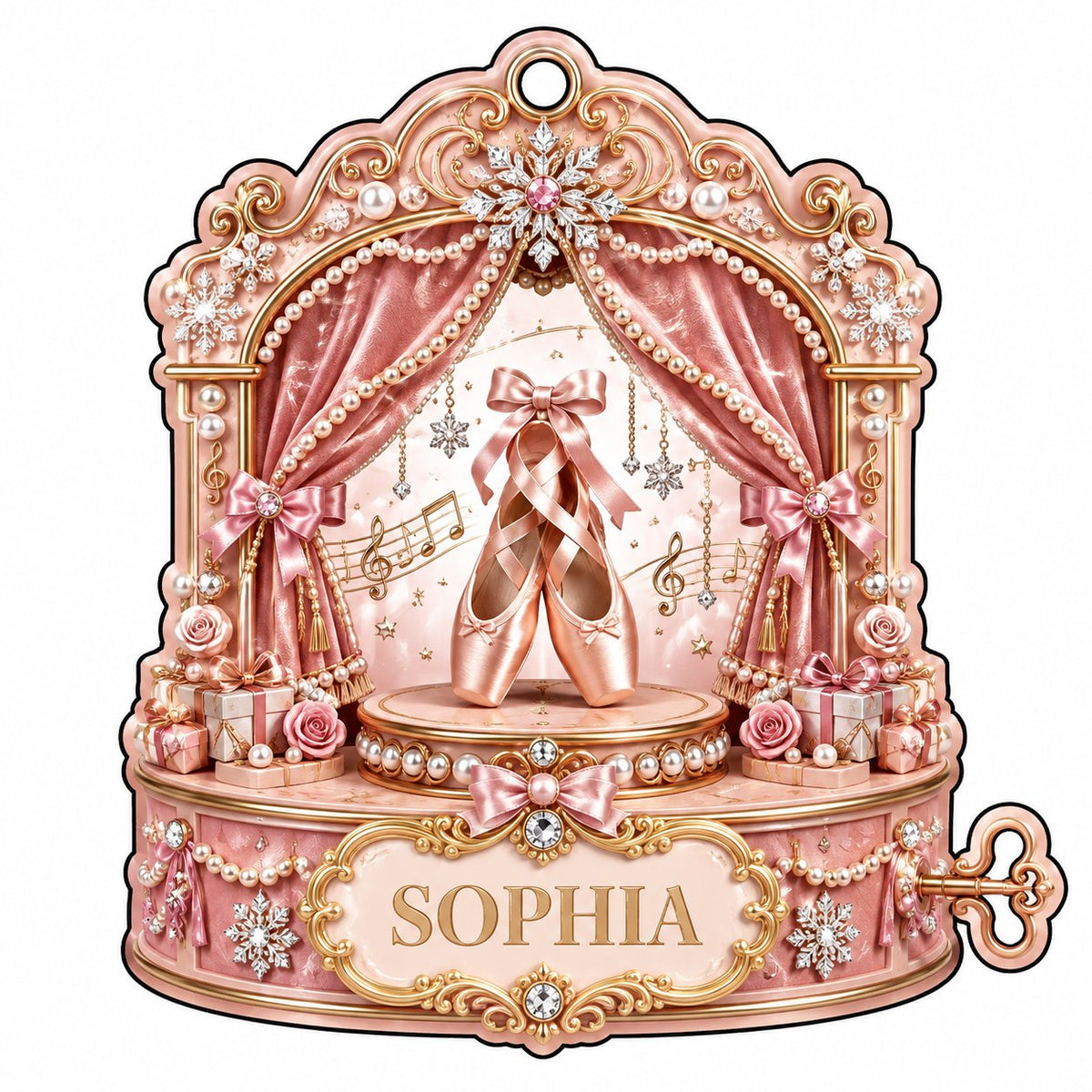 Pink ballet music box ornament with pointe shoes, velvet curtains, pearls, snowflakes, and a name plaque.