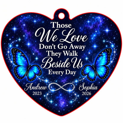 Heart acrylic ornament with blue butterflies, starry galaxy background, and the memorial quote with name and year.