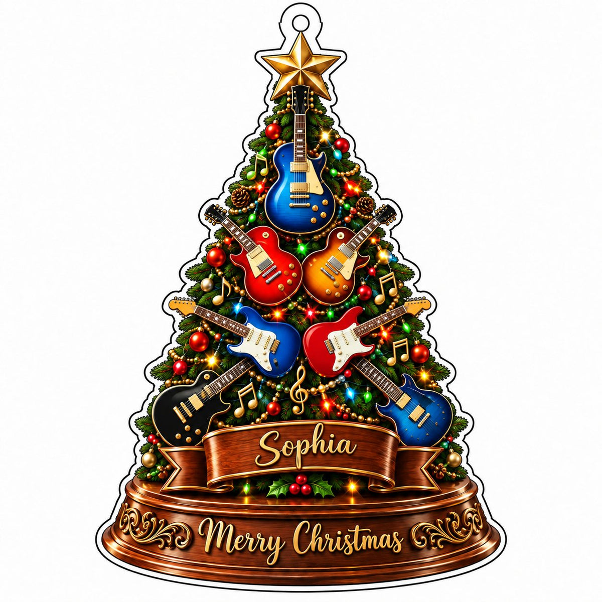 Green tree-shaped acrylic ornament with electric guitars, gold music notes, a name banner, and a gold star topper.