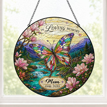 Personalized Butterfly Magnolia Mountain Landscape In Loving Memory Stained Glass Round Suncatcher
