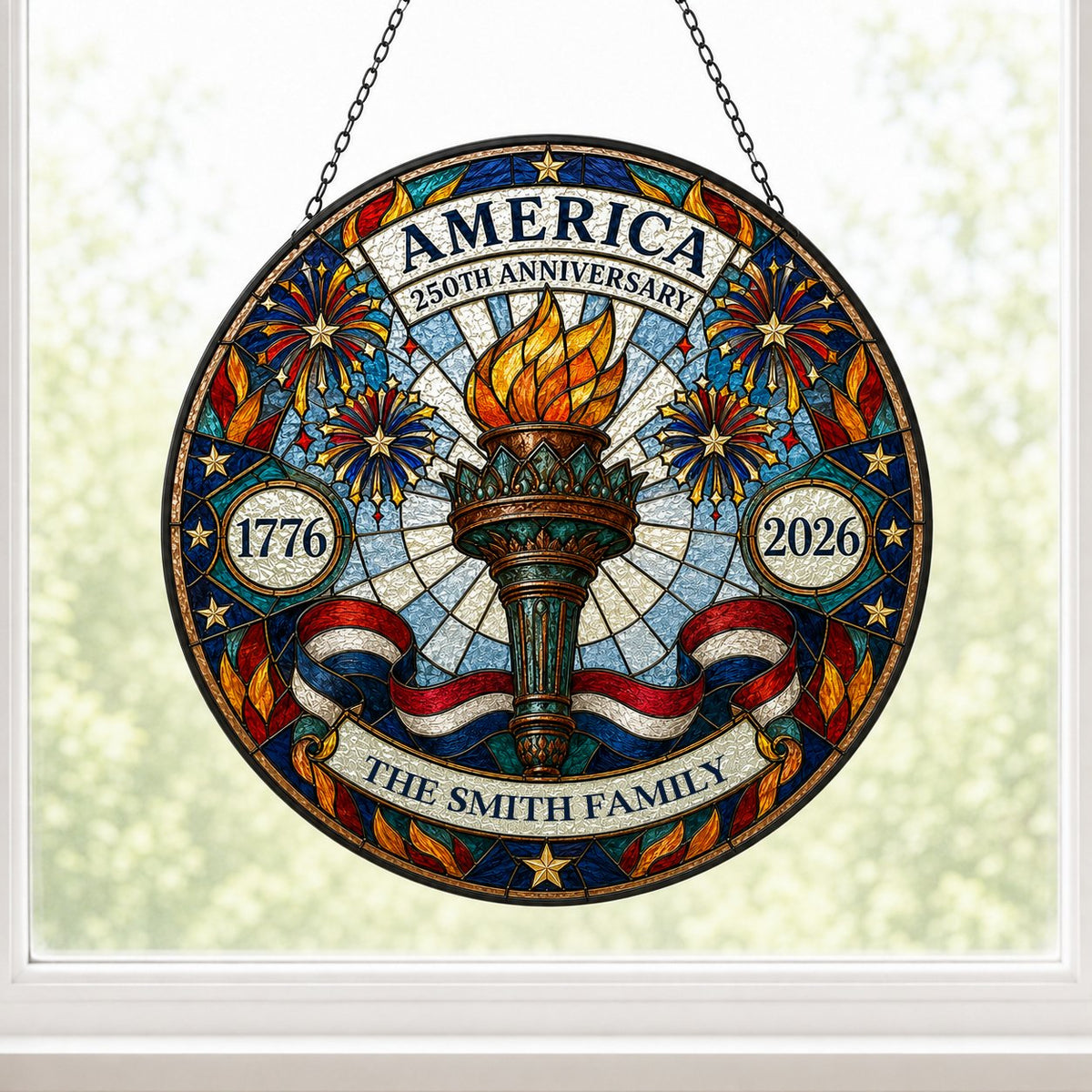 Round stained glass suncatcher with a central torch, fireworks, stars, and a red, white and blue ribbon.