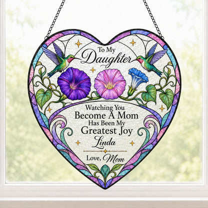 Heart-shaped stained-glass suncatcher with two hummingbirds, morning glory flowers, and 'To My Daughter' text.
