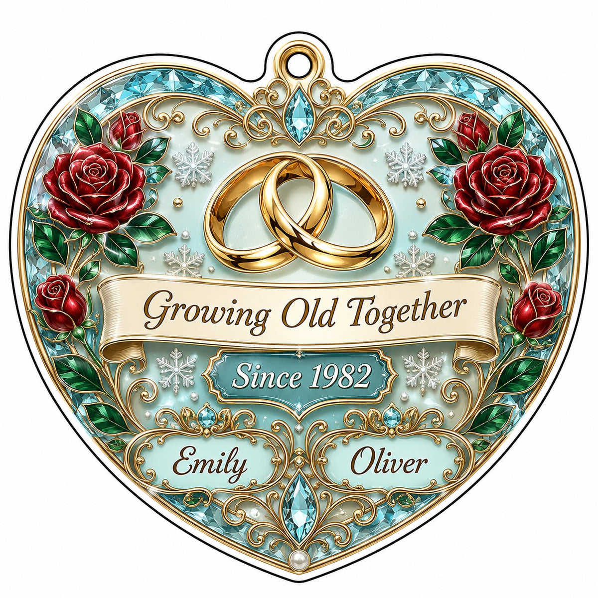 Heart-shaped clear acrylic ornament with golden rings, red roses, “Growing Old Together,” and custom names with a since 