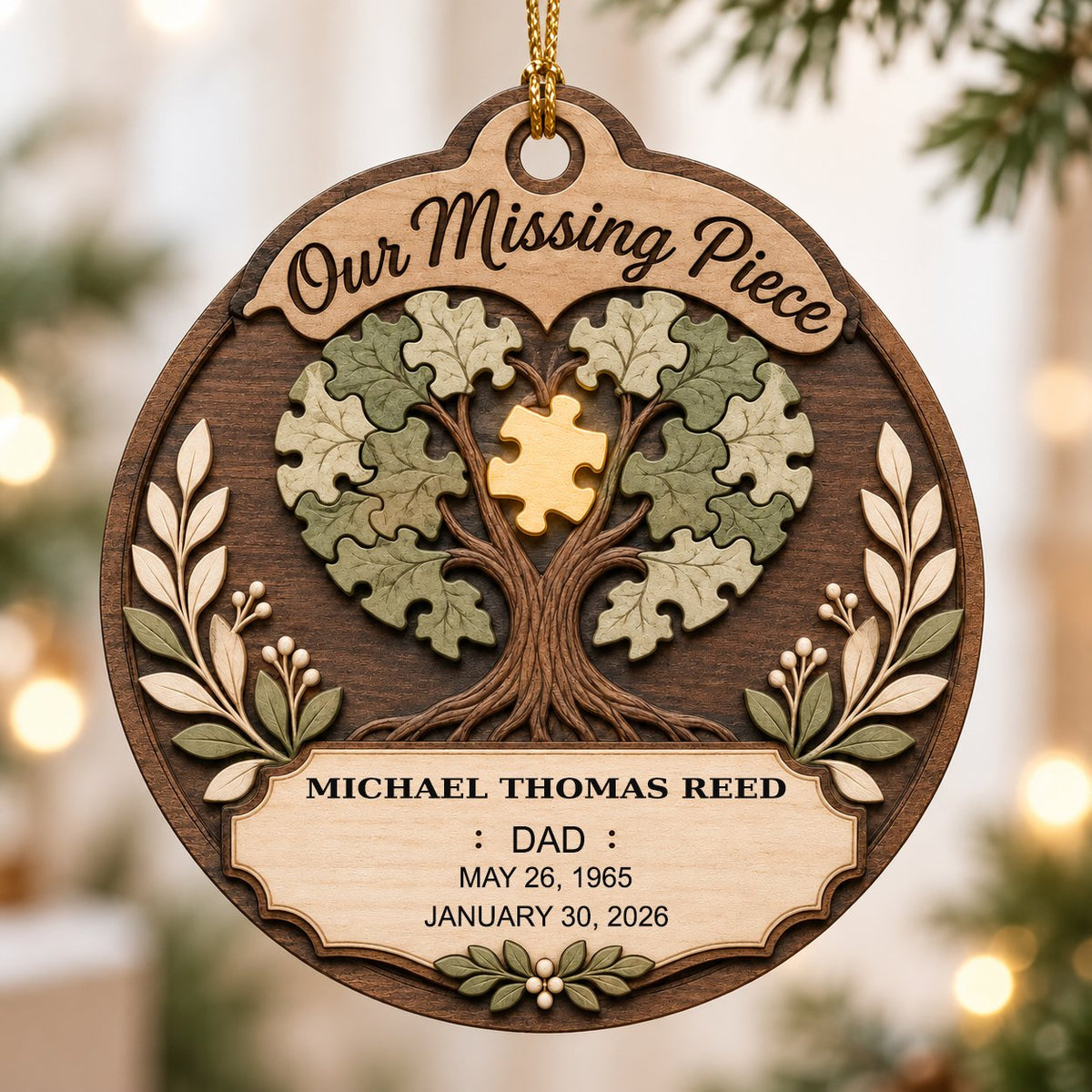 Round wood ornament displays “Our Missing Piece” with a puzzle-piece family tree and a gold missing piece at the center.