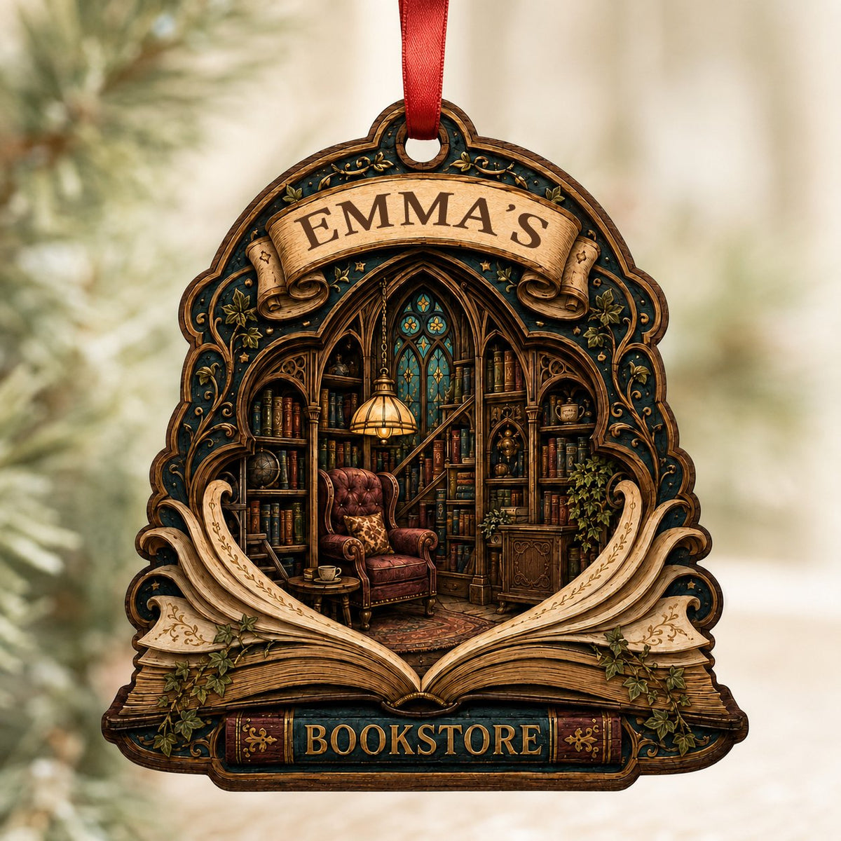Arched wood ornament with an open-book frame, vintage library scene, ivy accents, and BOOKSTORE text with a personalized