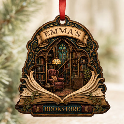 Arched wood ornament with an open-book frame, vintage library scene, ivy accents, and BOOKSTORE text with a personalized