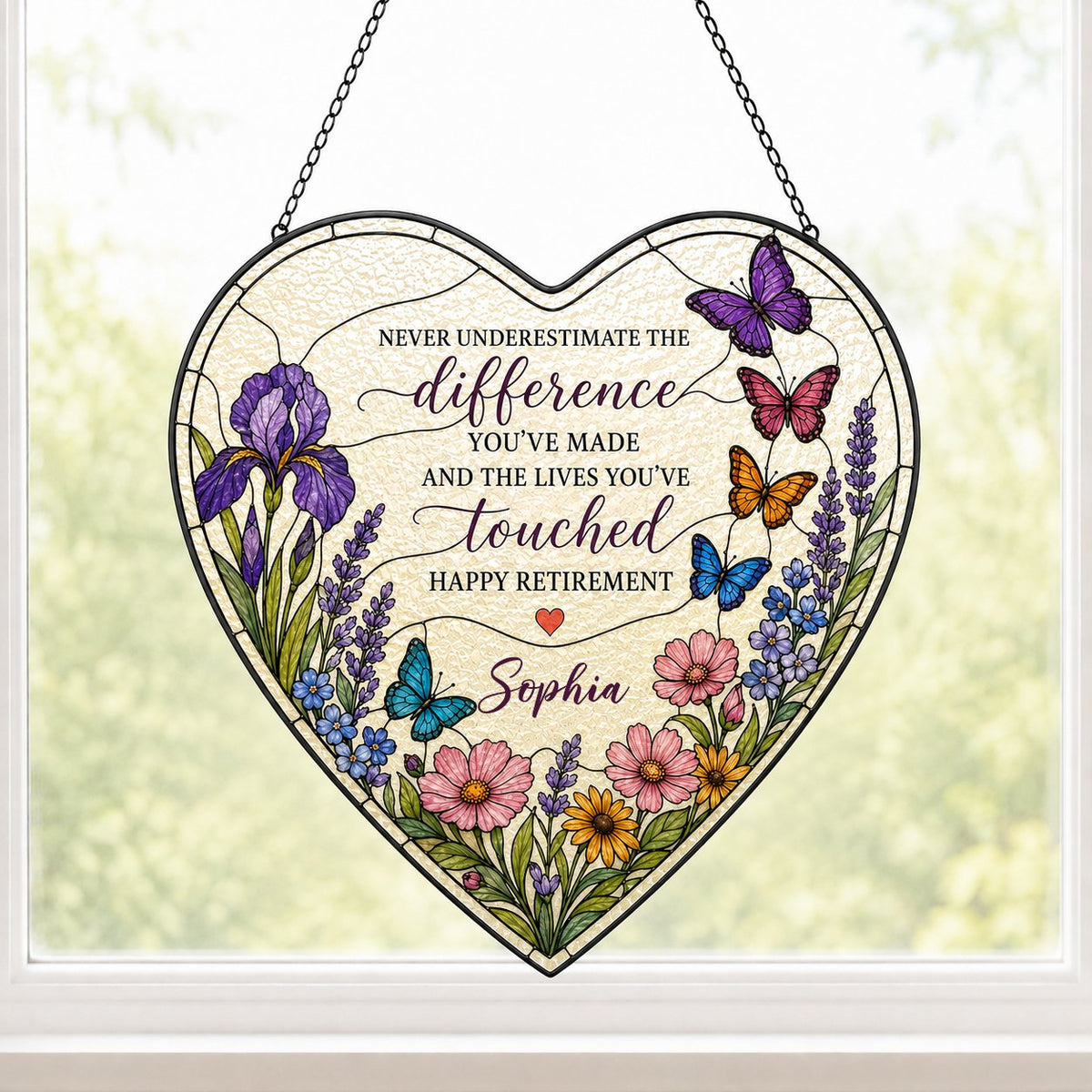 Personalized Retirement Purple Iris Wildflower Never Underestimate The Difference Happy Retirement Heart Stained Glass Suncatcher
