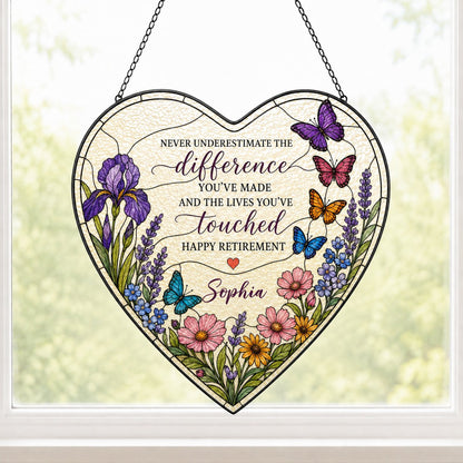 Personalized Retirement Purple Iris Wildflower Never Underestimate The Difference Happy Retirement Heart Stained Glass Suncatcher
