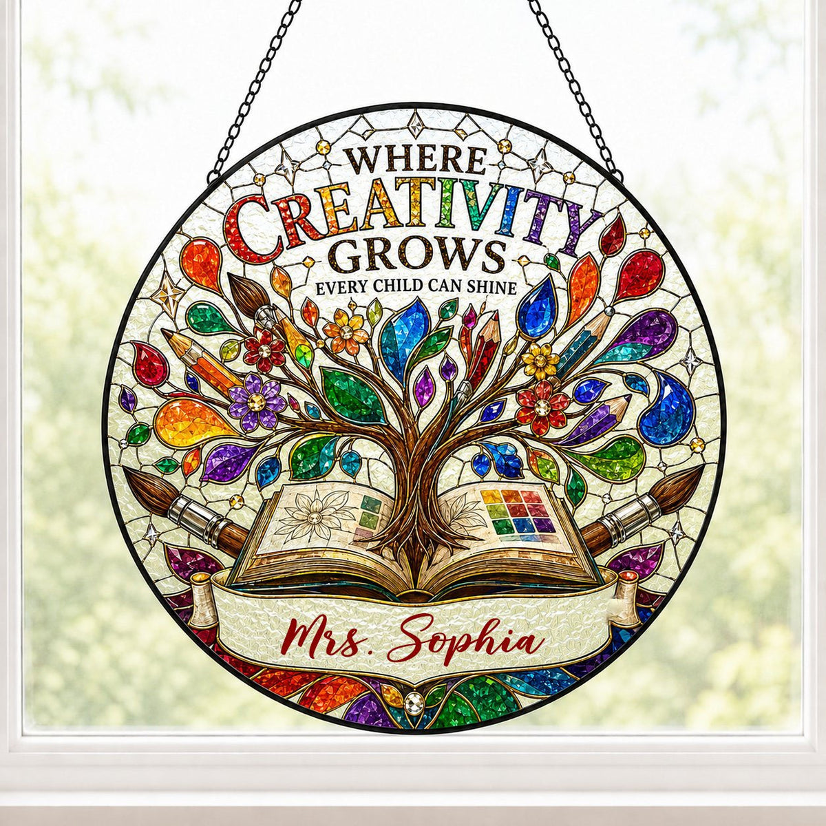 Round stained glass-style suncatcher with tree growing from an open book, paintbrushes, pencils, blossoms, and teacher n
