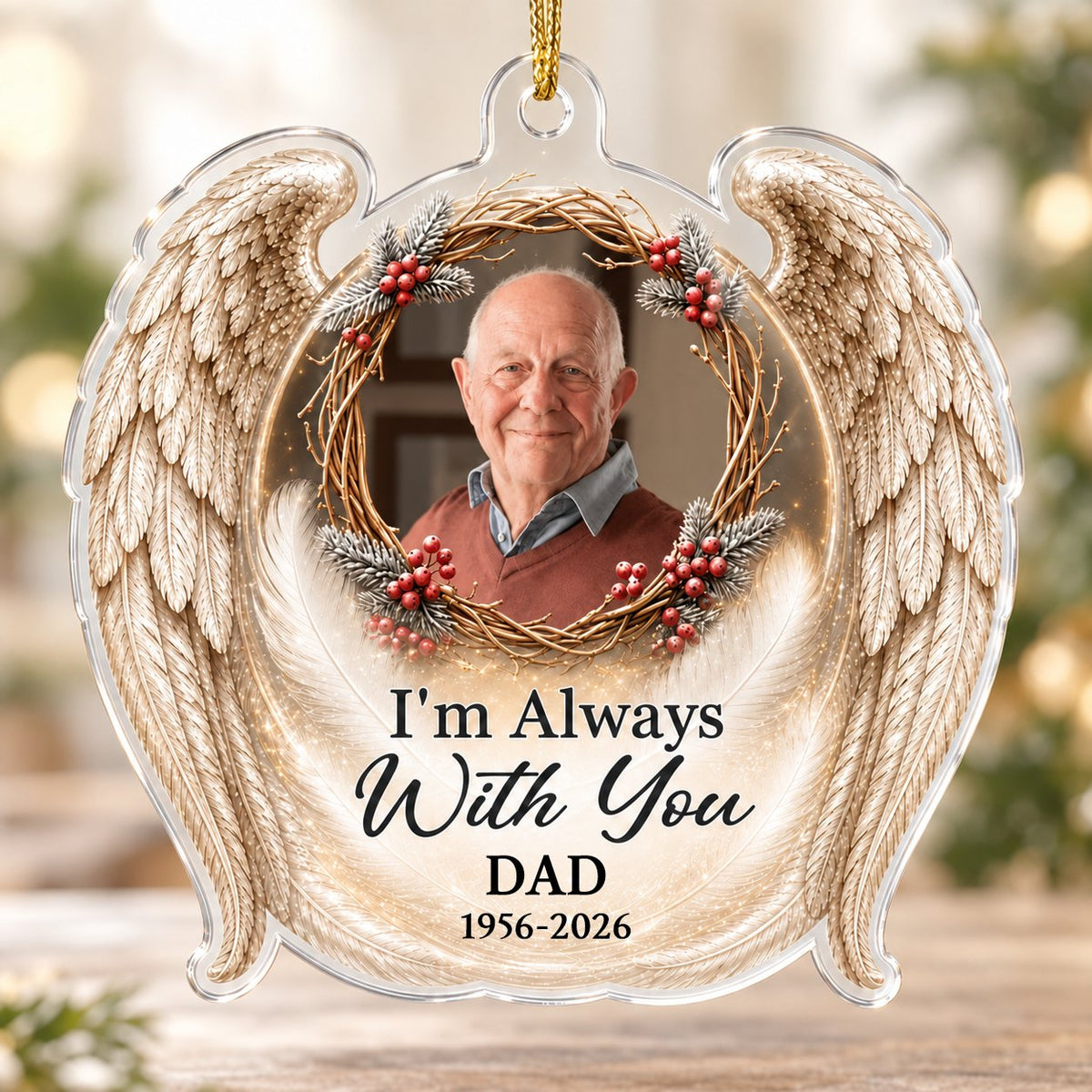 Angel wings ornament with twig wreath, red berries, custom photo, and the quote "I'm Always With You".