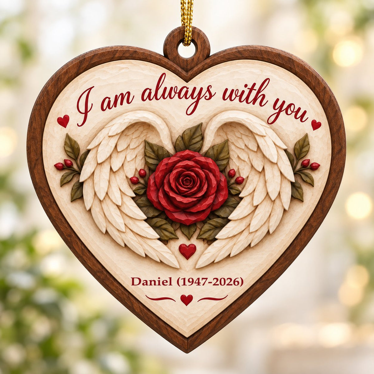 Heart-shaped wood ornament with angel wings around a red rose and the words 'I am always with you'.