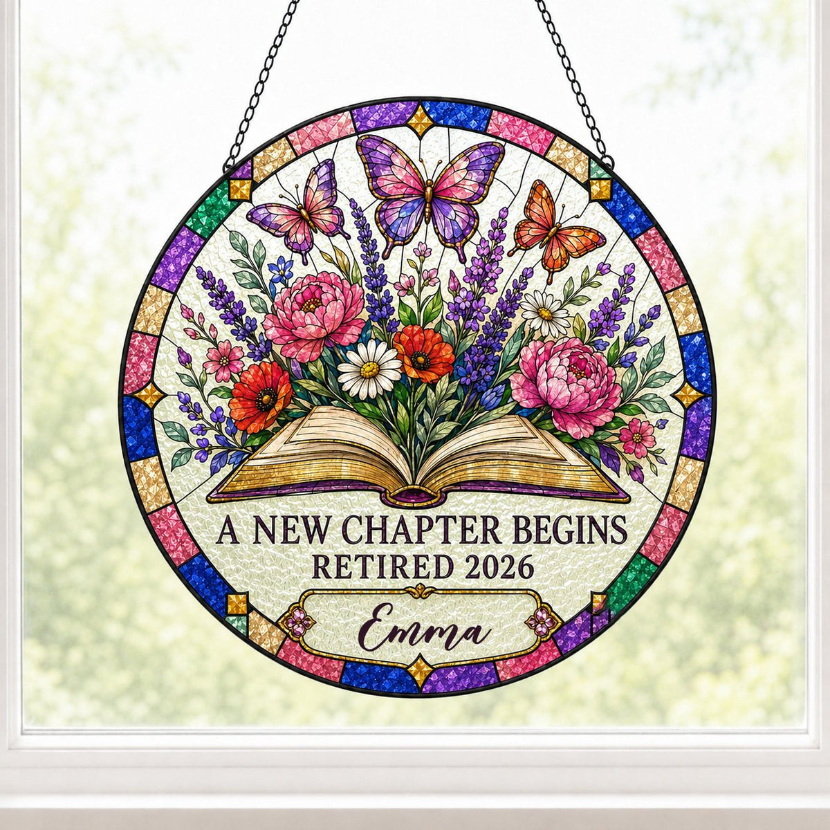 Personalized Retirement Open Book & Butterflies A New Chapter Begins Stained Glass Round Suncatcher