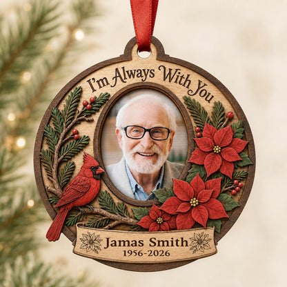 Bauble-shaped wood ornament with oval photo frame, red cardinal, pine, berries, and poinsettias with ribbon banner