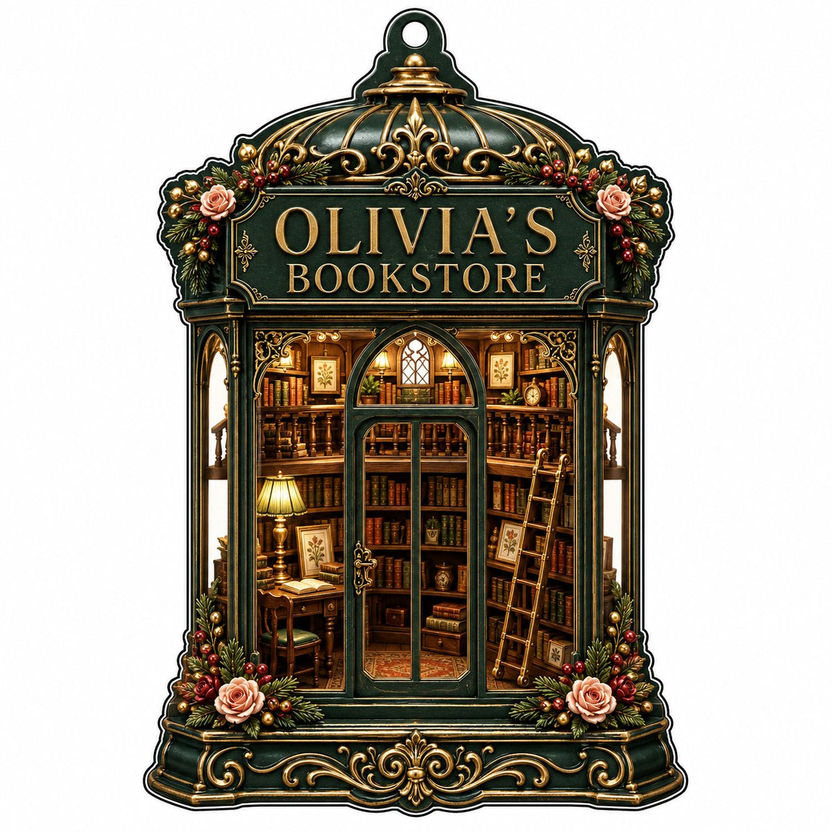 Green and gold ornate acrylic ornament with roses and a cozy bookstore interior reading OLIVIA'S BOOKSTORE.