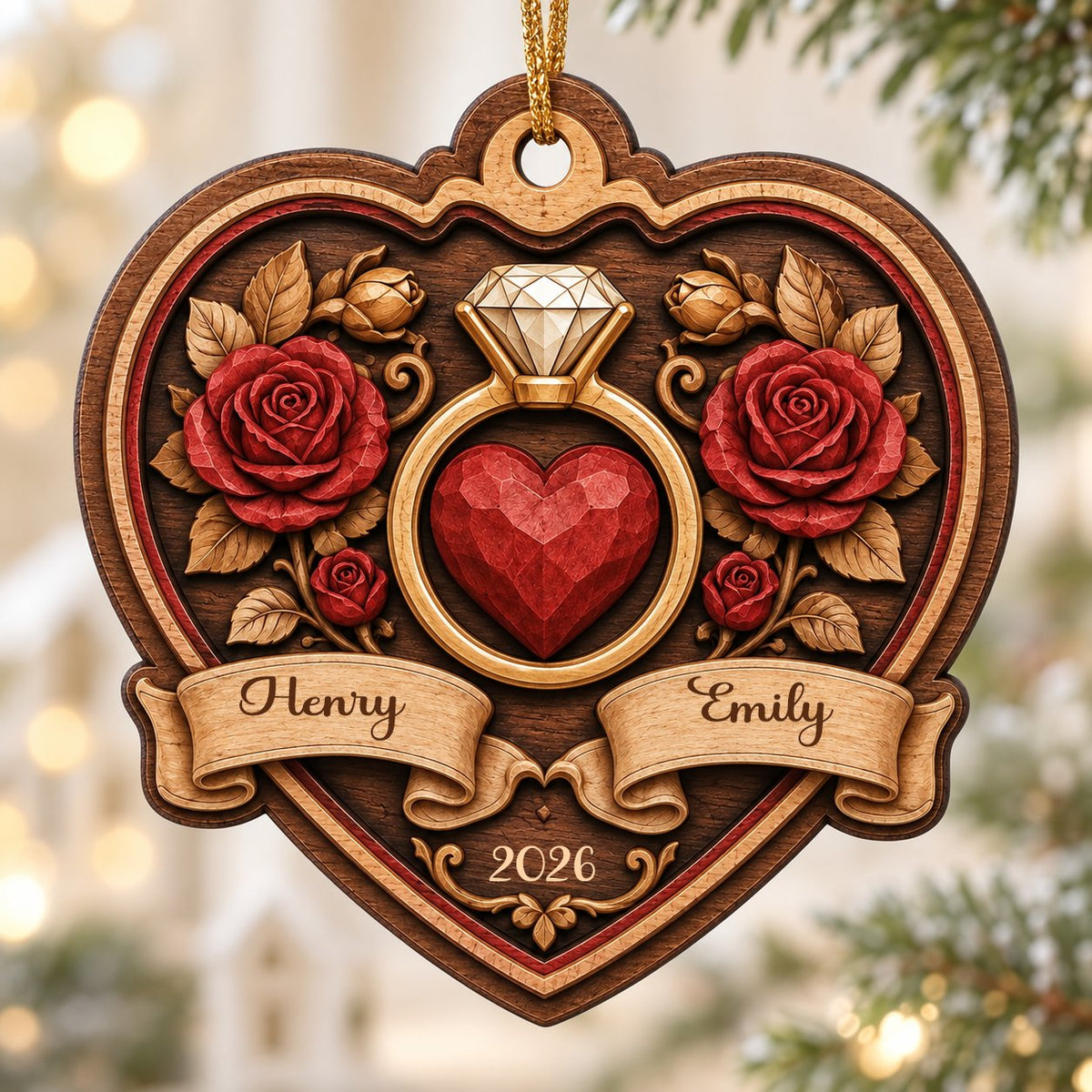 Heart-shaped wood ornament with a gold ring, red heart, red roses, and names Henry and Emily with year 2026.