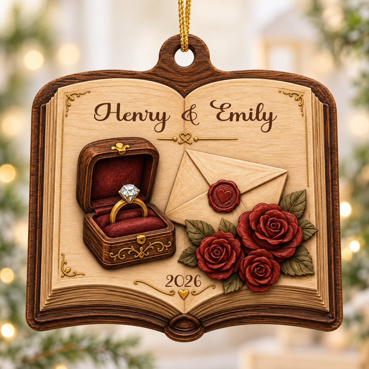 Open book wood ornament with a ring box, red roses, wax-sealed envelope, and custom names and year.