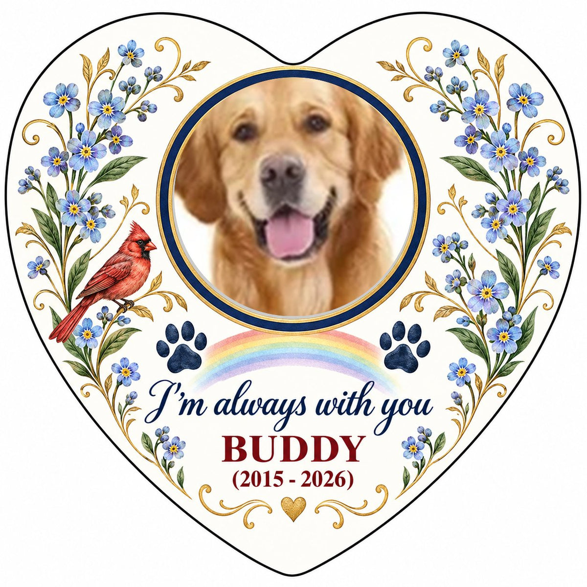 Heart ceramic ornament with a dog photo, red cardinal, blue forget-me-nots, rainbow, paw prints, and a gold heart accent