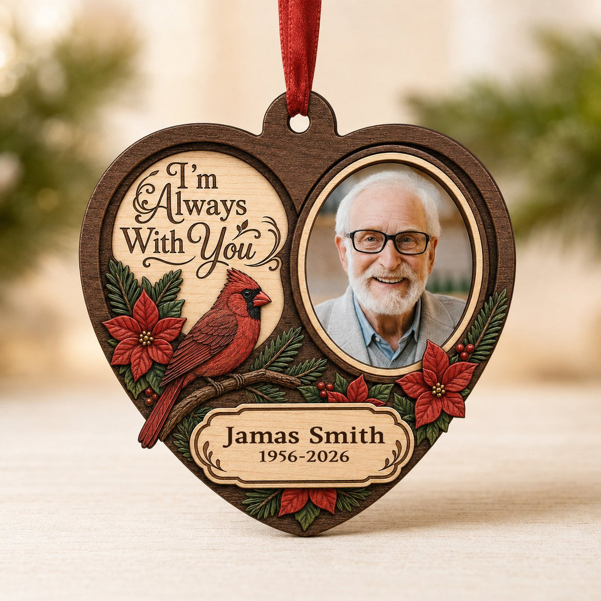 Heart-shaped wood ornament with red cardinal, poinsettias, a right-side photo frame, and 'I'm Always With You' text.