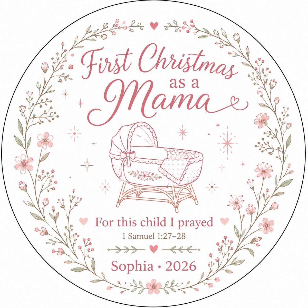 Round ceramic ornament with pink floral wreath, baby bassinet line art, stars, and First Christmas as a Mama.