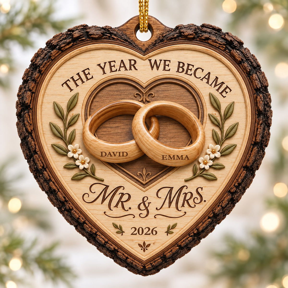 Heart-shaped wood ornament with bark edge, wedding rings, leafy vines, and 'THE YEAR WE BECAME MR. & MRS.' text.