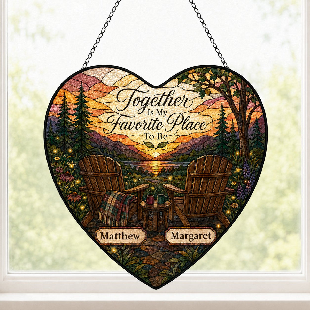 Heart stained glass suncatcher with lake sunset, two chairs, and the words Together Is My Favorite Place To Be.