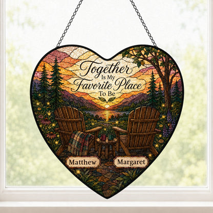 Heart stained glass suncatcher with lake sunset, two chairs, and the words Together Is My Favorite Place To Be.