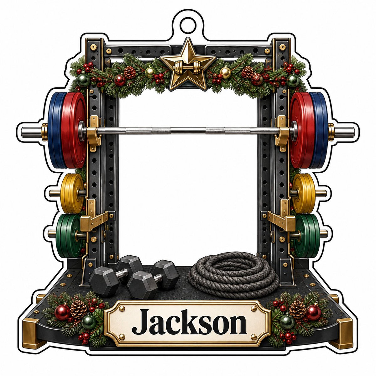 A squat rack-shaped acrylic ornament with garland, barbell, dumbbells, and a photo cutout above a name plaque.