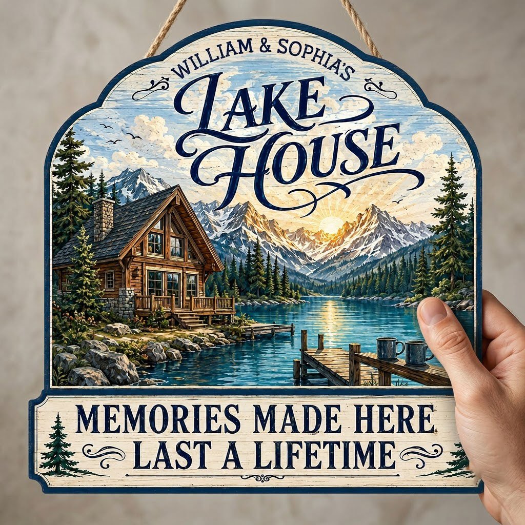Personalized Lake Cabin Memories Wooden Hanging Sign