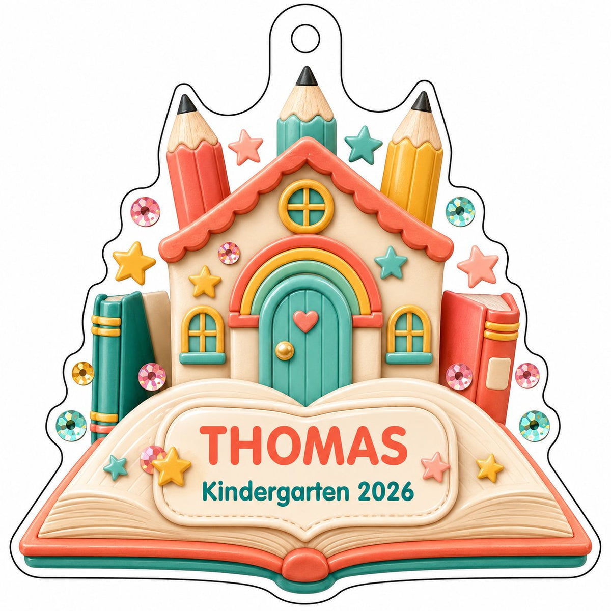 Clay-style schoolhouse on an open book with pencils and stars, personalized with child's name and Kindergarten 2026