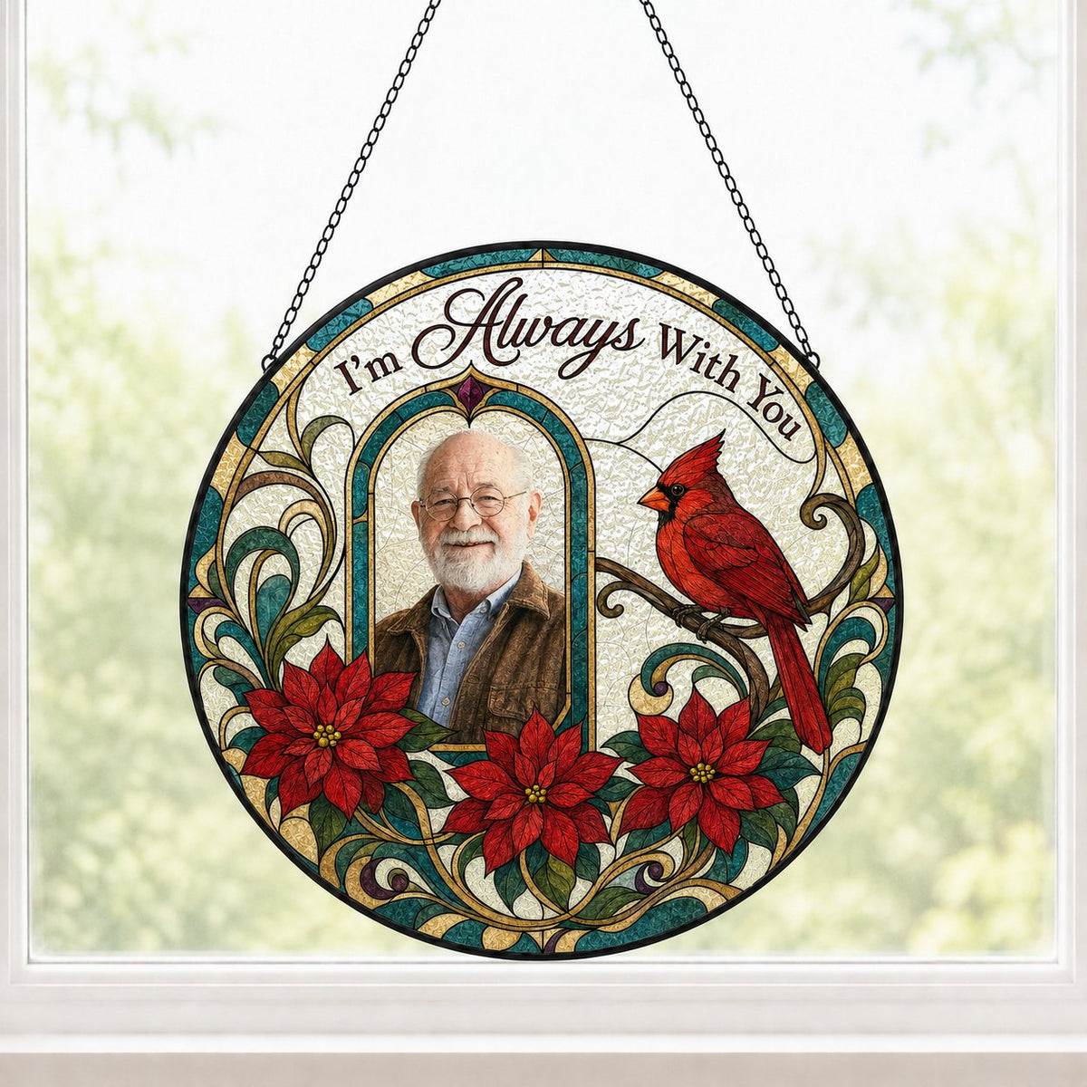 Round stained-glass style suncatcher with arched photo window, red cardinal, three red poinsettias and the words I'm Alw