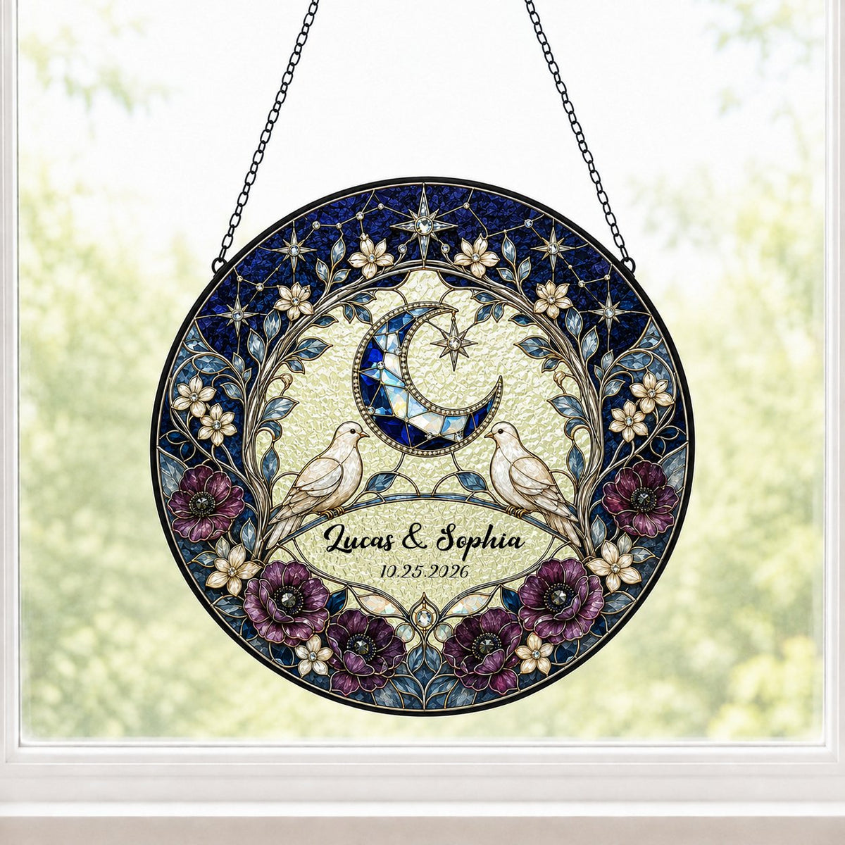 Personalized Celestial Doves & Crescent Moon Purple Floral Stained Glass Round Suncatcher