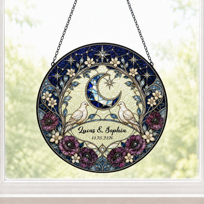 Personalized Celestial Doves & Crescent Moon Purple Floral Stained Glass Round Suncatcher