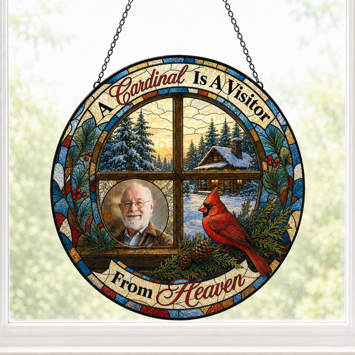 Stained glass suncatcher with a wooden four-pane window, snowy cabin scene, red cardinal on pine branches, and a circula