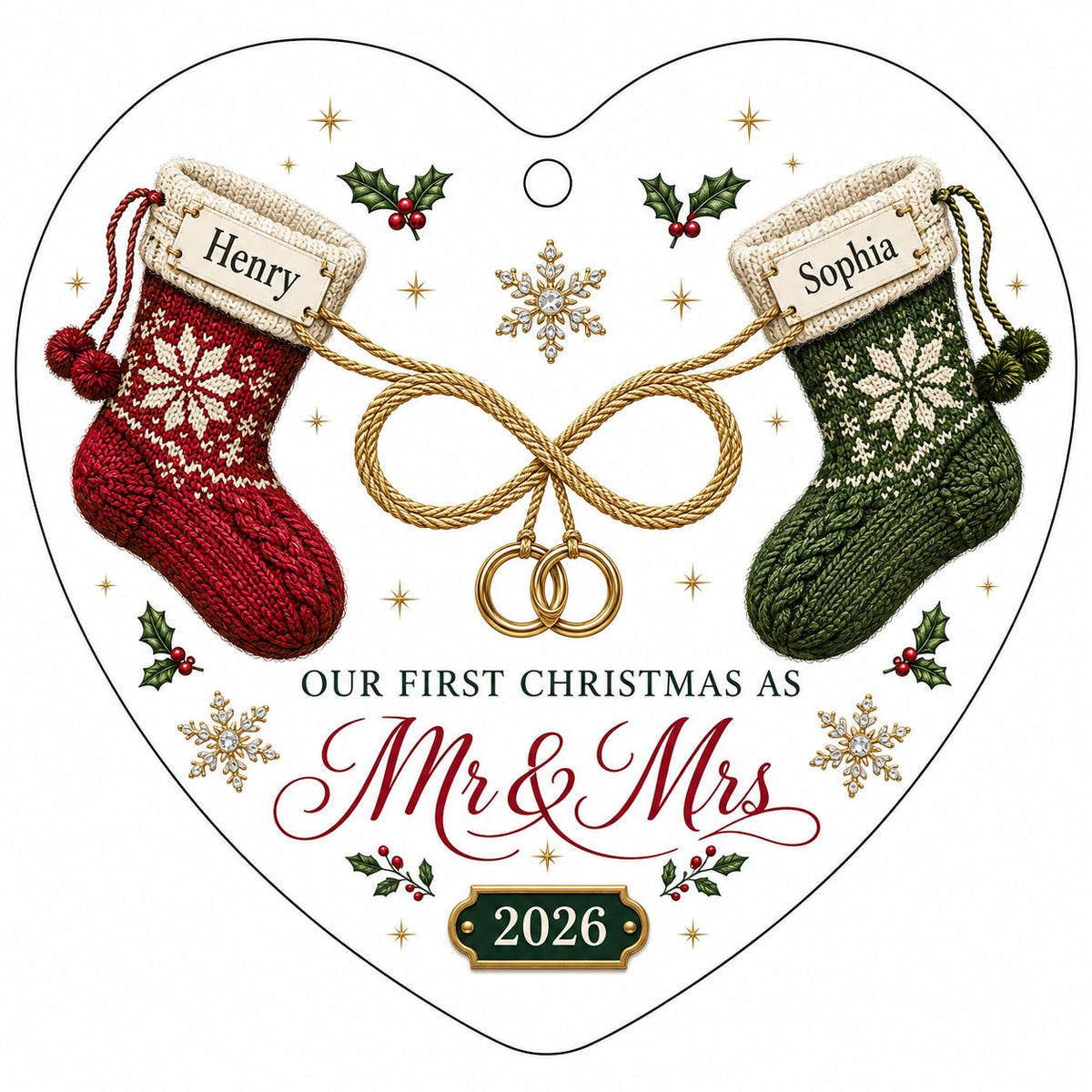 Heart glass ornament with red and green knit stockings, gold infinity loop with rings, Mr & Mrs text, names and date.