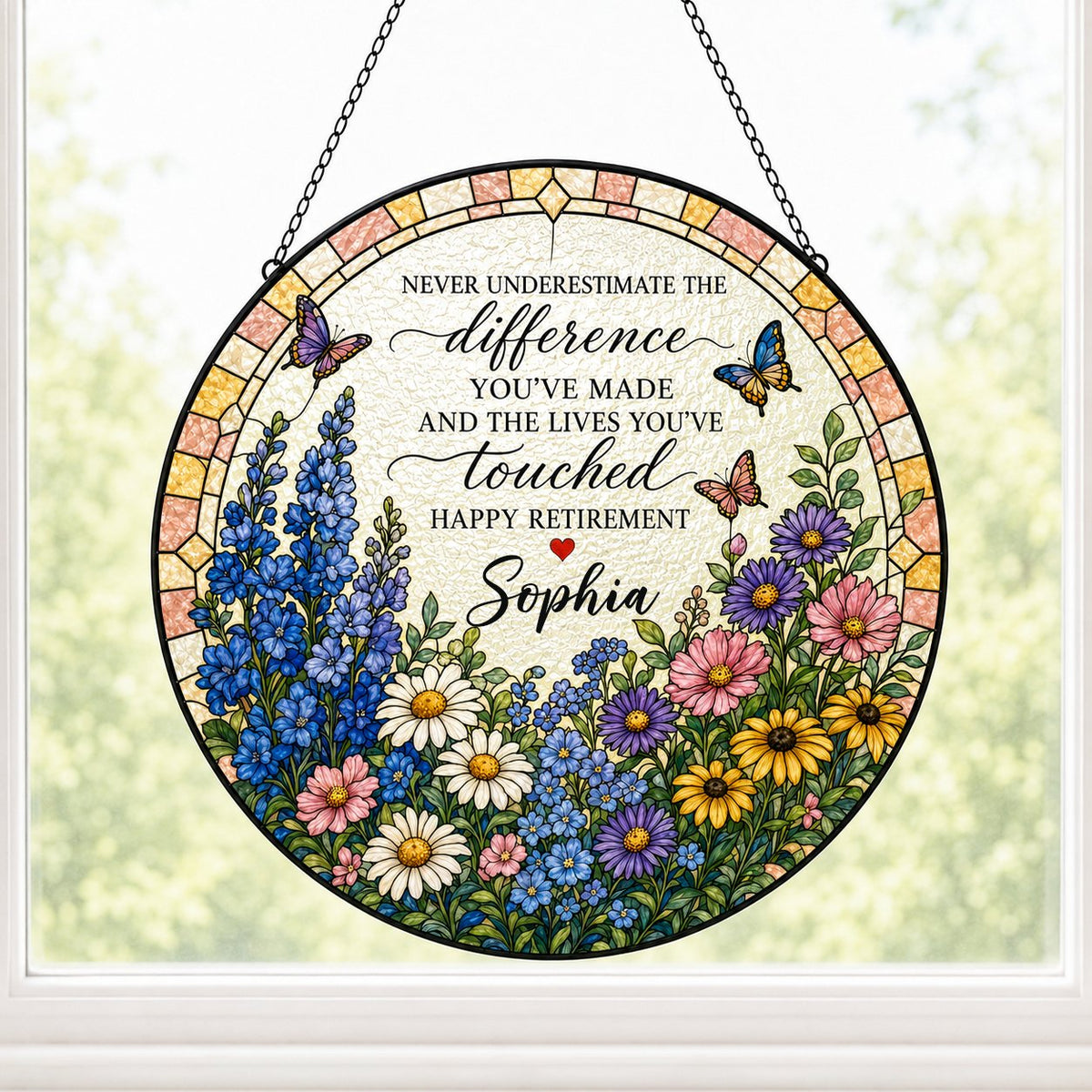 Personalized Retirement Wildflower Garden Never Underestimate The Difference Happy Retirement Stained Glass Round Suncatcher