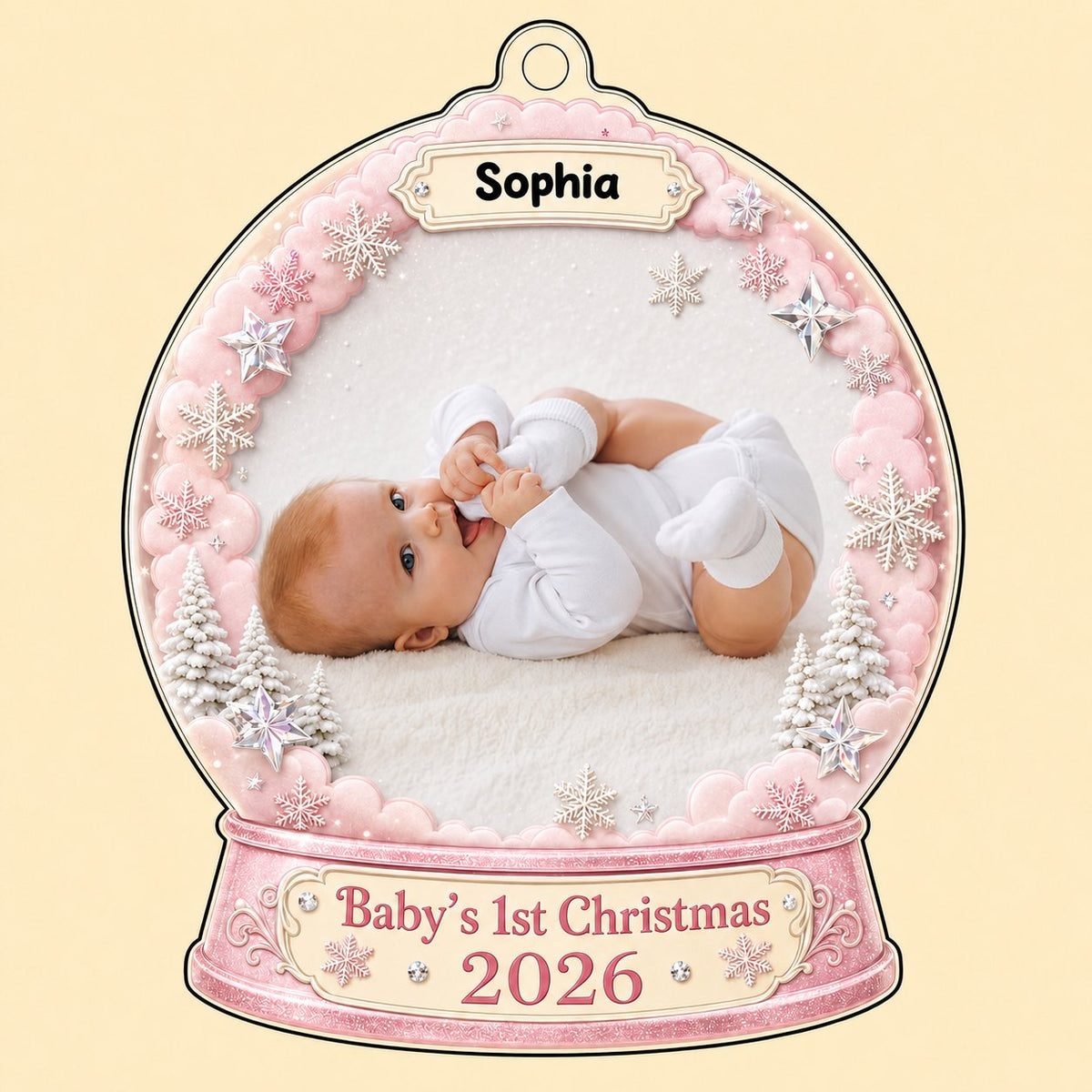 Pink snow globe acrylic ornament with "Baby's 1st Christmas", name banner, year base, and baby photo frame