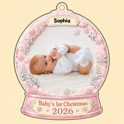 Pink snow globe acrylic ornament with "Baby's 1st Christmas", name banner, year base, and baby photo frame