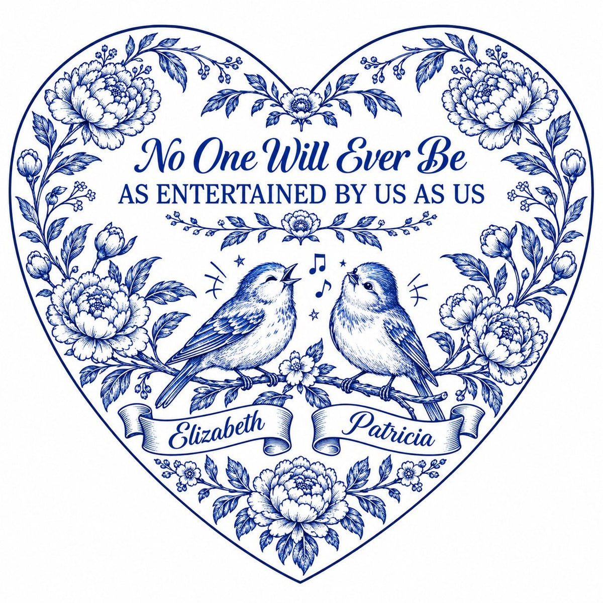 Heart ceramic ornament with Delft blue peonies, two birds on a branch, and a friendship quote in cobalt blue.