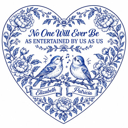 Heart ceramic ornament with Delft blue peonies, two birds on a branch, and a friendship quote in cobalt blue.