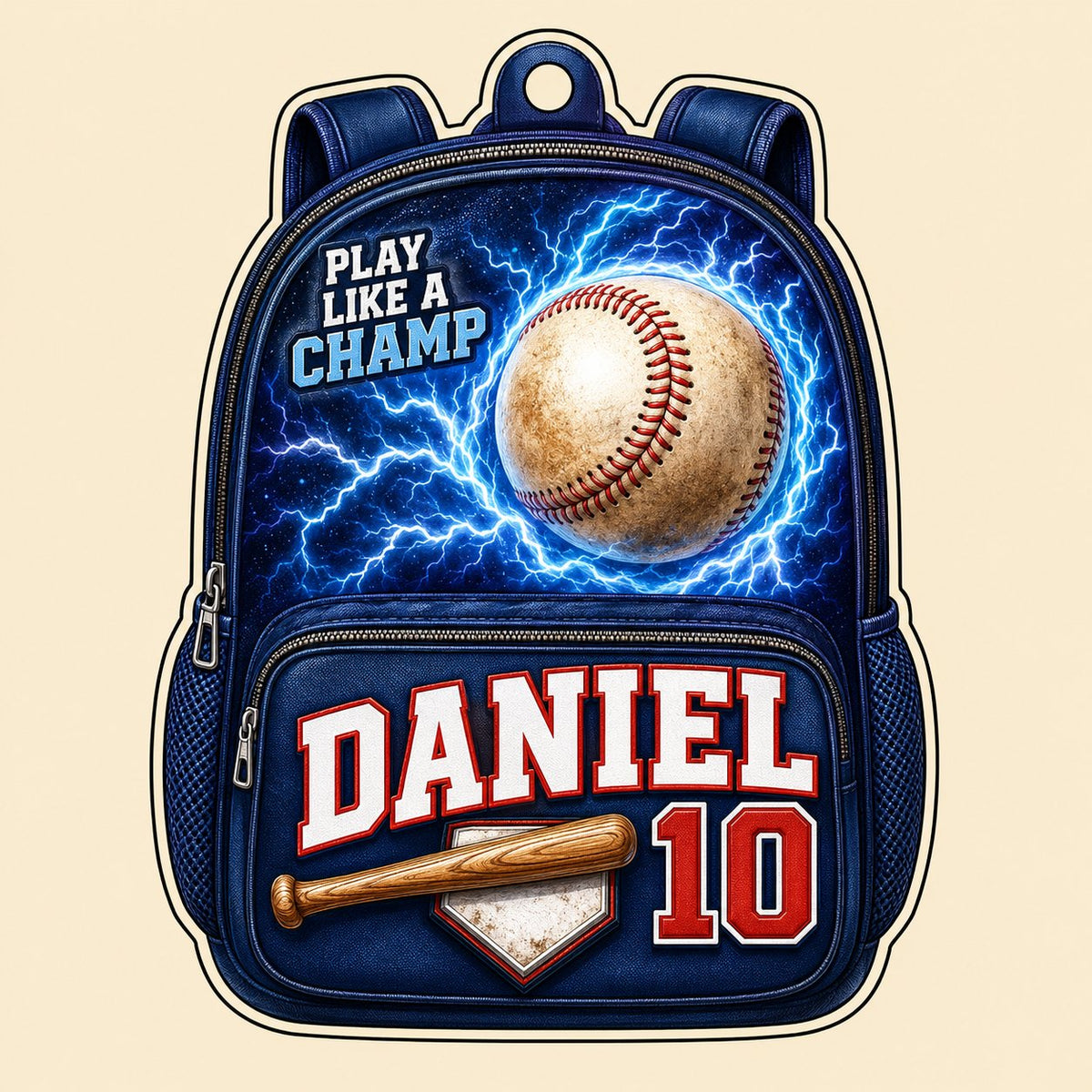 Backpack-shaped acrylic ornament with a baseball, blue lightning, a bat on home plate, and PLAY LIKE A CHAMP text.