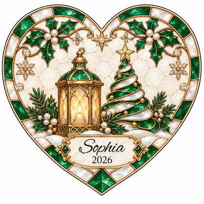 Heart ornament with emerald stained-glass border, gold lantern, spiral tree, holly, and a name-and-year scroll plaque.