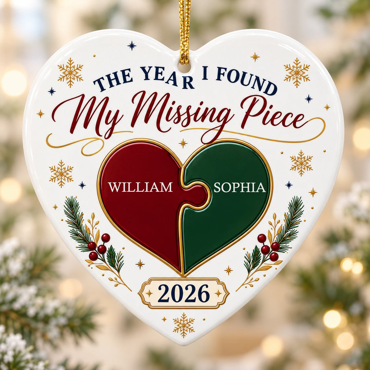 Heart ceramic ornament with red and green interlocking puzzle heart, gold snowflakes and stars, pine sprigs, and custom 