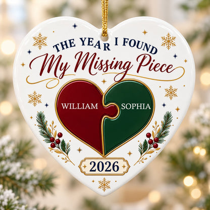Heart ceramic ornament with red and green interlocking puzzle heart, gold snowflakes and stars, pine sprigs, and custom 