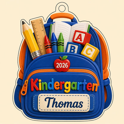 Acrylic ornament cut as a blue and orange school backpack with ABC blocks, 2026, Kindergarten, and a personalized name l